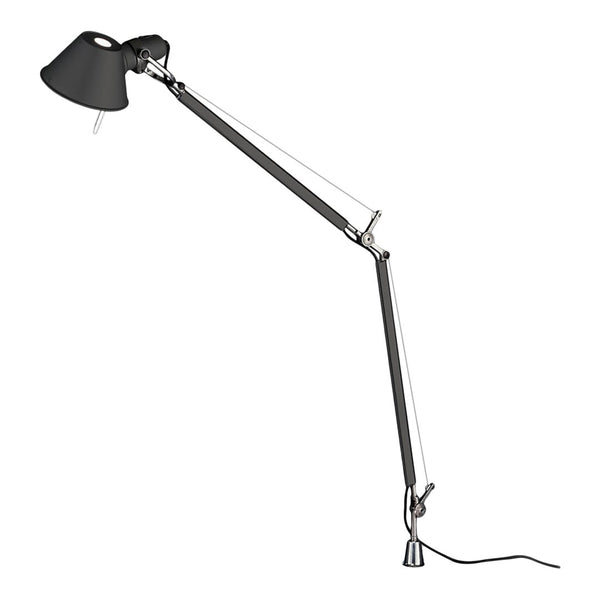Black and silver adjustable desk lamp with a sleek, modern design and minimalist aesthetic.
