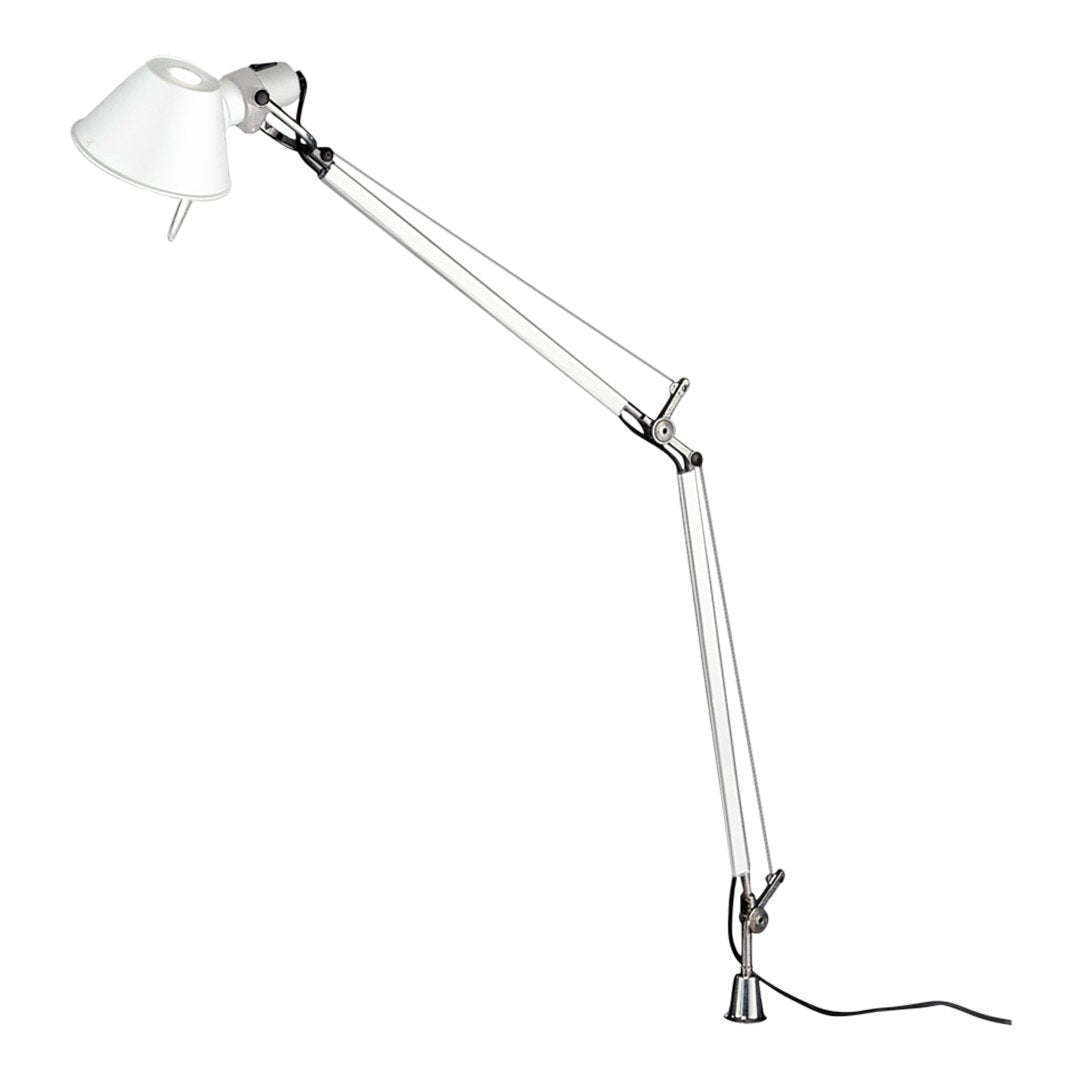 White desk lamp with sleek chrome accents and a minimalist design, featuring a glossy finish and clean lines.