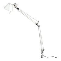 White desk lamp with sleek chrome accents and a minimalist design, featuring a glossy finish and clean lines.