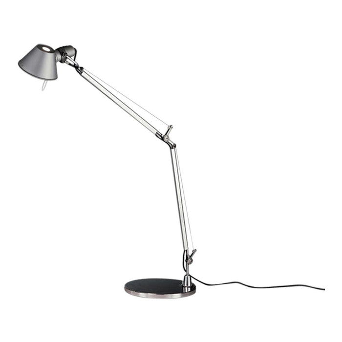 Adjustable silver desk lamp with a sleek black base and a modern, minimalist design. Ideal for any workspace.