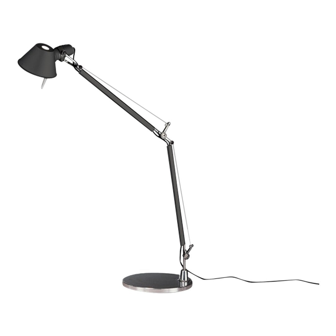 Black and chrome adjustable desk lamp with a sleek, modern design and minimalist pattern. Ideal for any workspace.