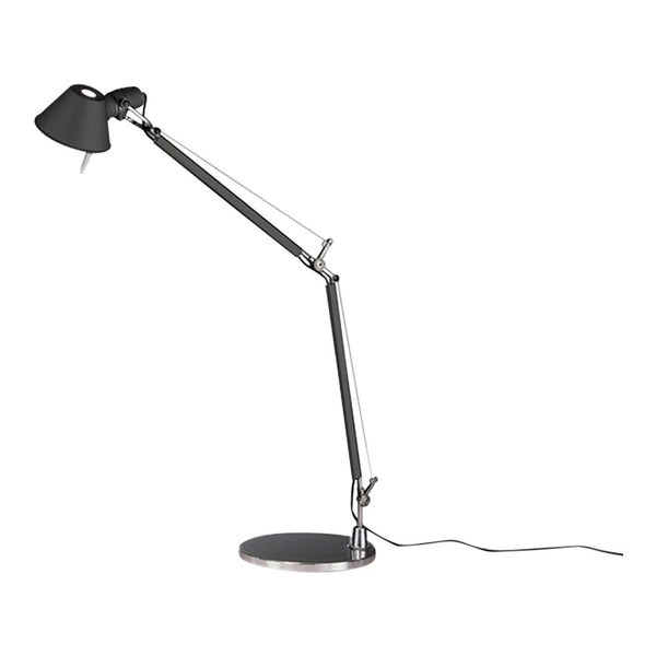 Black and chrome adjustable desk lamp with a sleek, modern design and minimalist pattern. Ideal for any workspace.