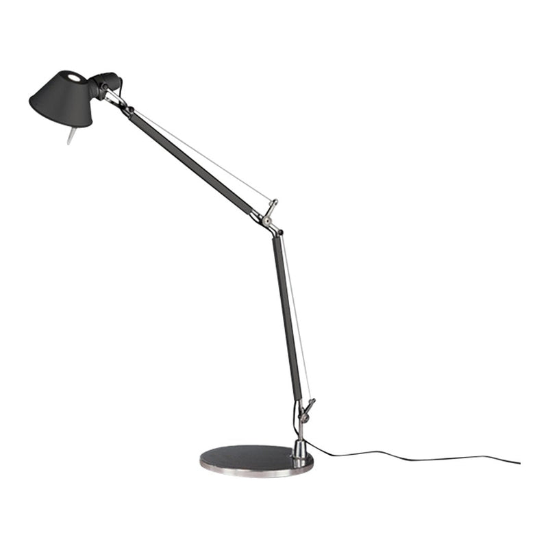 Black and chrome adjustable desk lamp with a sleek, modern design and minimalist pattern. Ideal for any workspace.