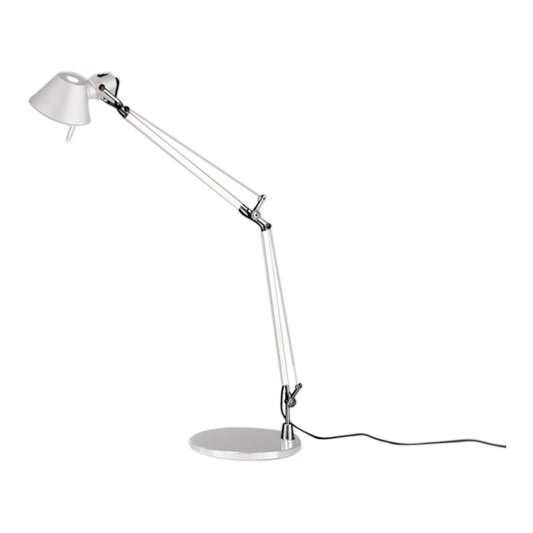 White adjustable desk lamp with sleek chrome accents and a minimalist design. Perfect for modern workspaces.