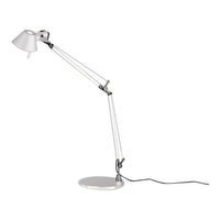 White adjustable desk lamp with sleek chrome accents and a minimalist design. Perfect for modern workspaces.
