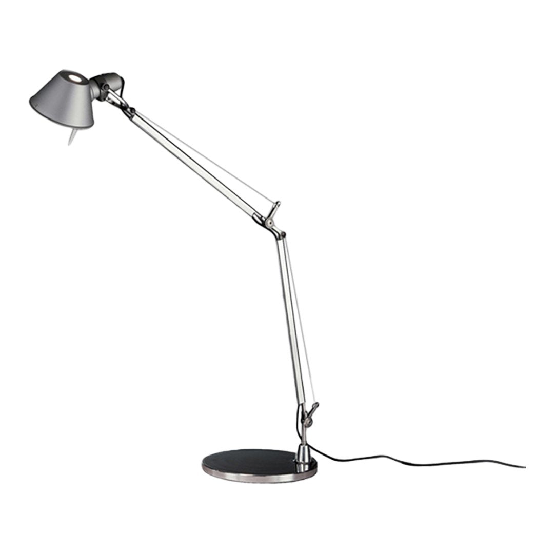 Adjustable silver desk lamp with sleek black accents and a modern minimalist design. Perfect for any workspace.