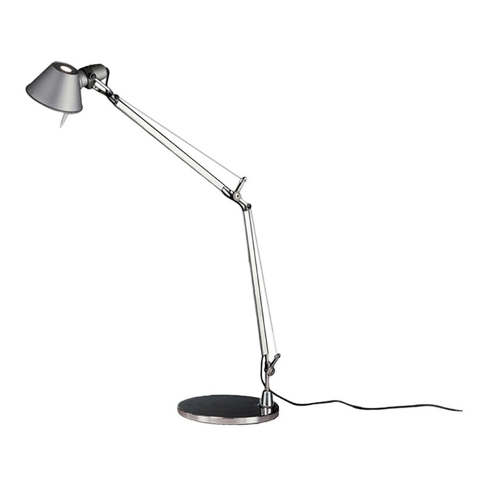 Adjustable silver desk lamp with sleek black accents and a modern minimalist design. Perfect for any workspace.