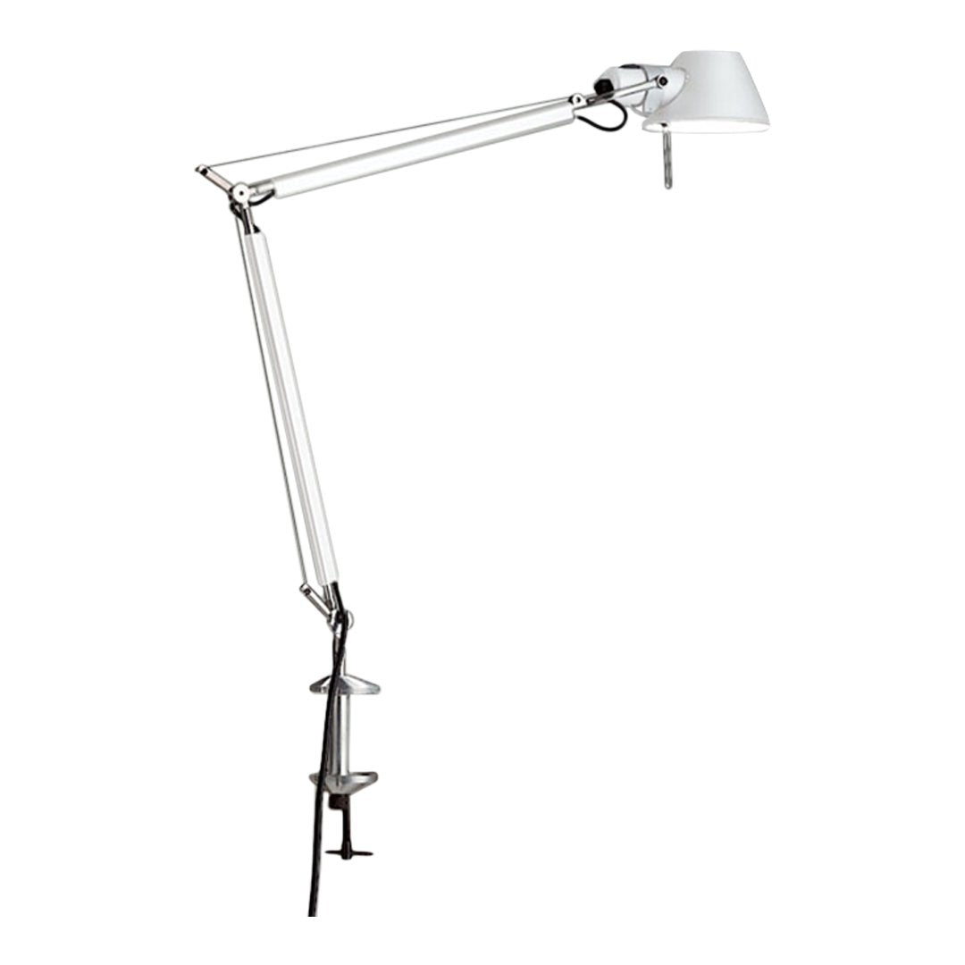 White and silver modern desk lamp with adjustable arm and clean lines, perfect for stylish workspace illumination.