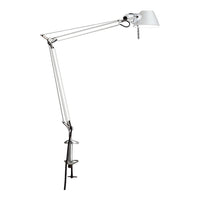 White and silver modern desk lamp with adjustable arm and clean lines, perfect for stylish workspace illumination.