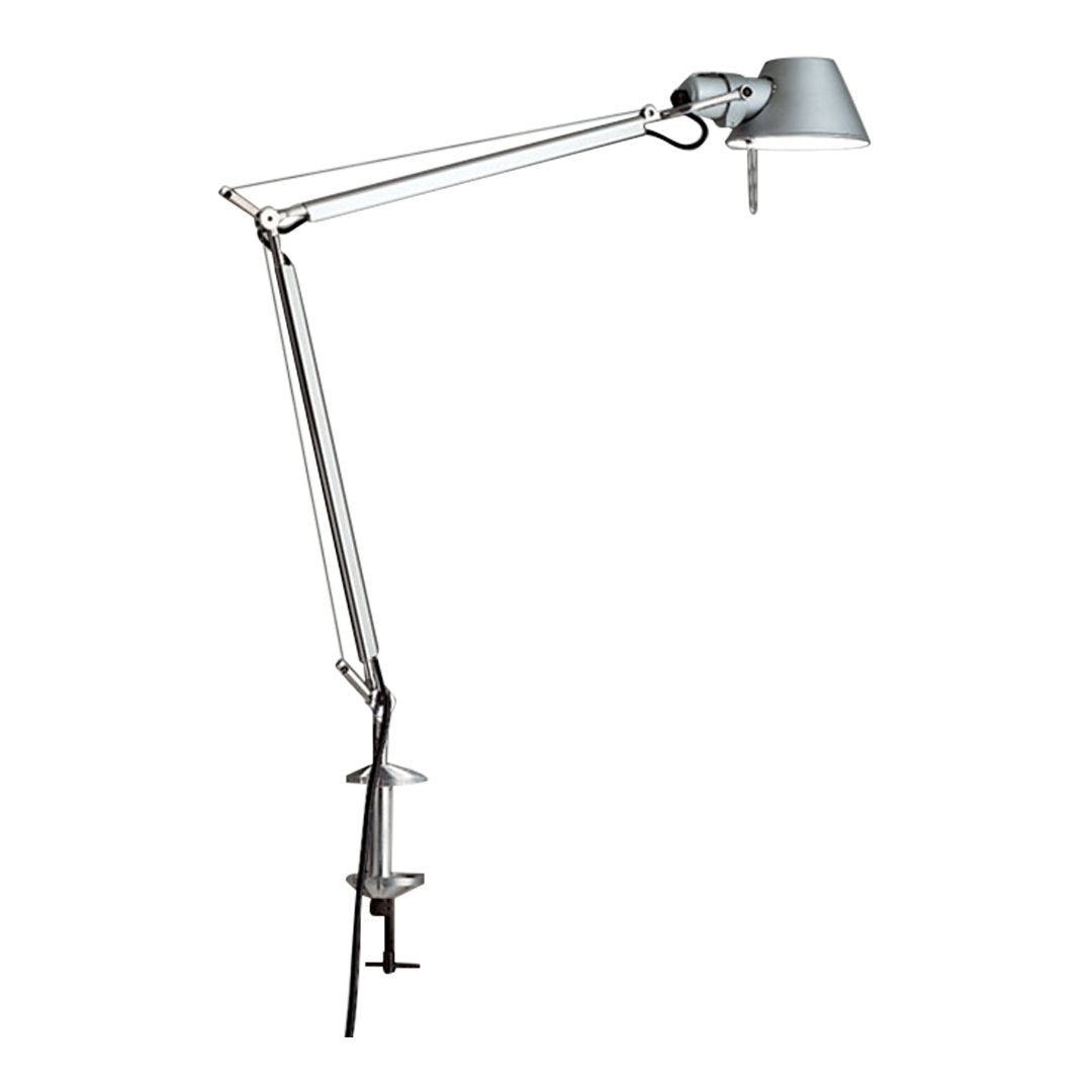 "Adjustable silver desk lamp with sleek metallic finish and minimalist design for modern spaces."
