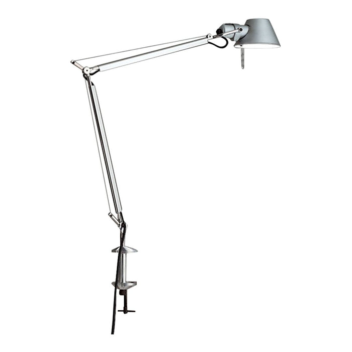 "Adjustable silver desk lamp with sleek metallic finish and minimalist design for modern spaces."