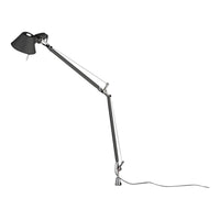 Black adjustable lamp with a sleek chrome arm and minimalist design. Ideal for modern spaces.