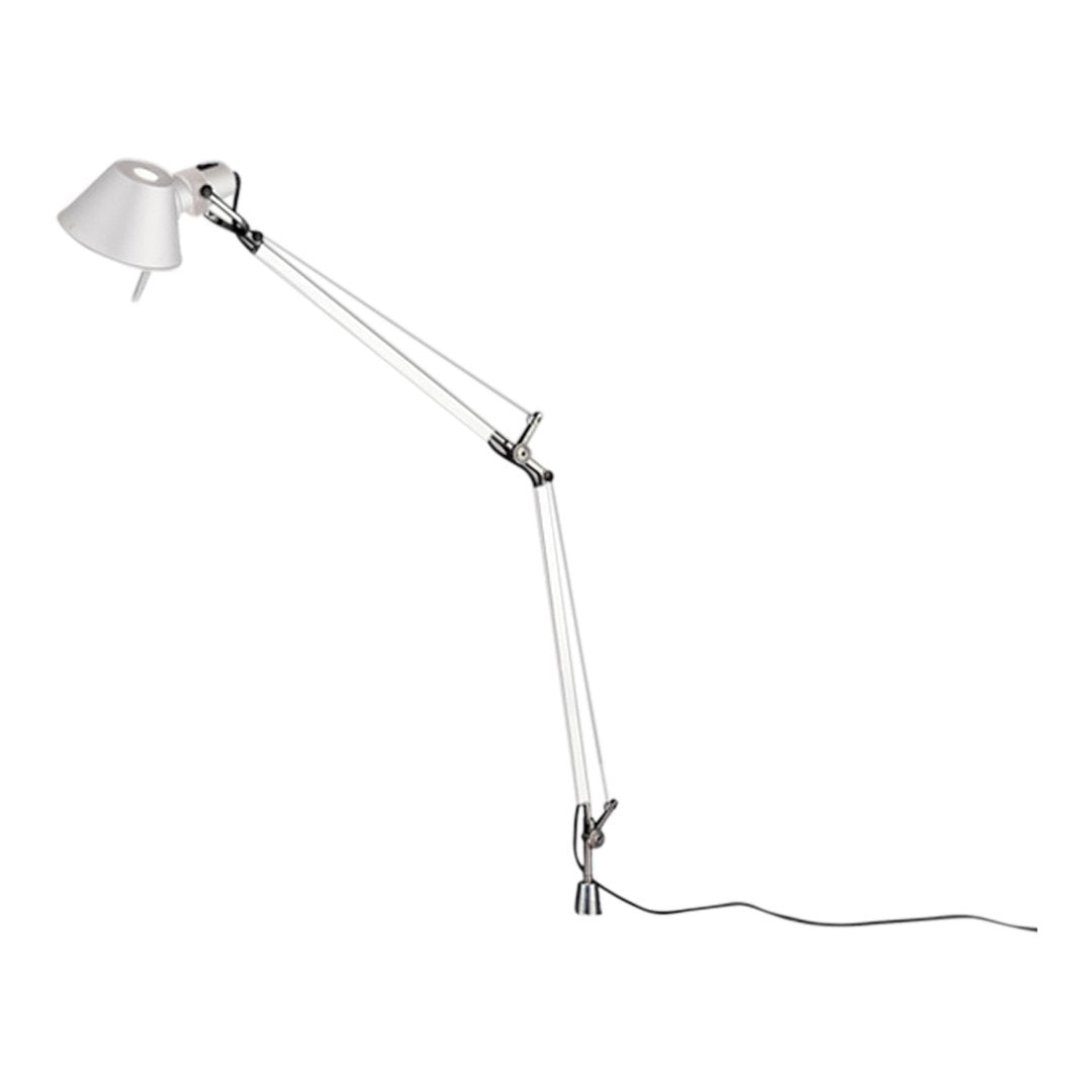 White articulated desk lamp with sleek chrome accents and a minimalist design.