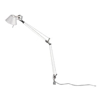 White articulated desk lamp with sleek chrome accents and a minimalist design.