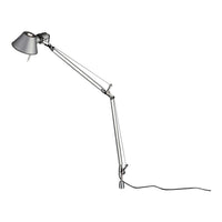 Metallic silver lamp with a sleek gray shade and adjustable arm. Modern design with a minimalist aesthetic.
