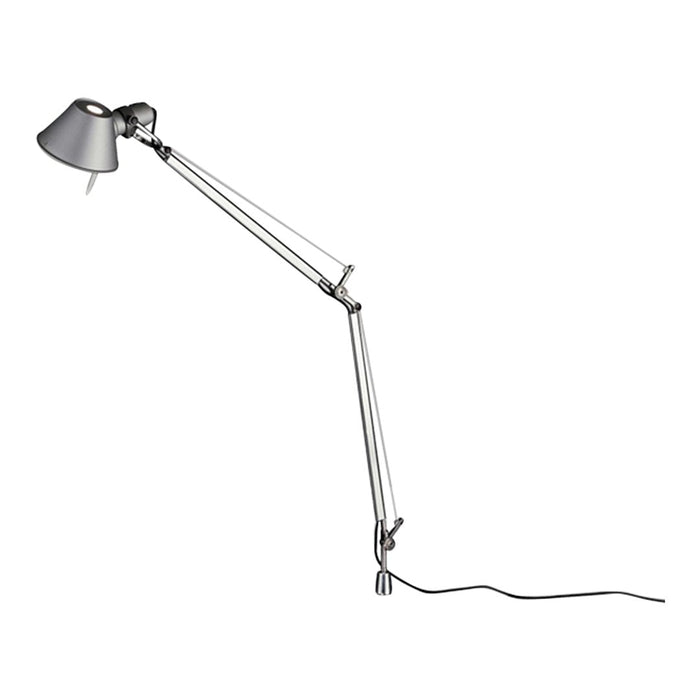 Metallic silver lamp with a sleek gray shade and adjustable arm. Modern design with a minimalist aesthetic.