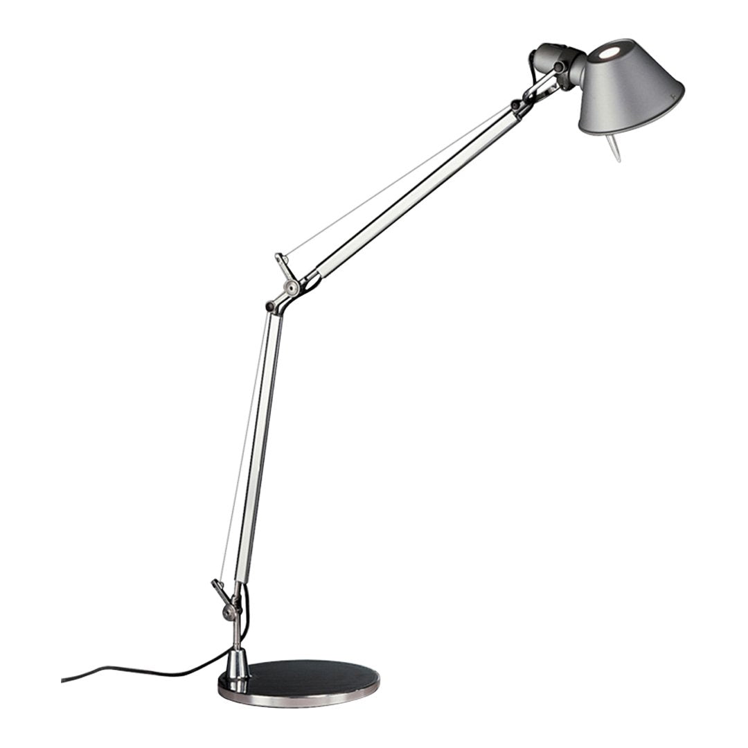 "Adjustable silver desk lamp with a sleek matte black base and a stylish gray shade."