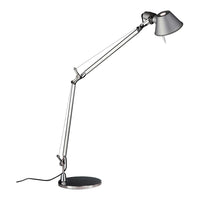 "Adjustable silver desk lamp with a sleek matte black base and a stylish gray shade."