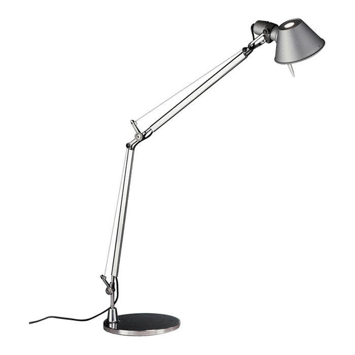"Adjustable silver desk lamp with a sleek matte black base and a stylish gray shade."