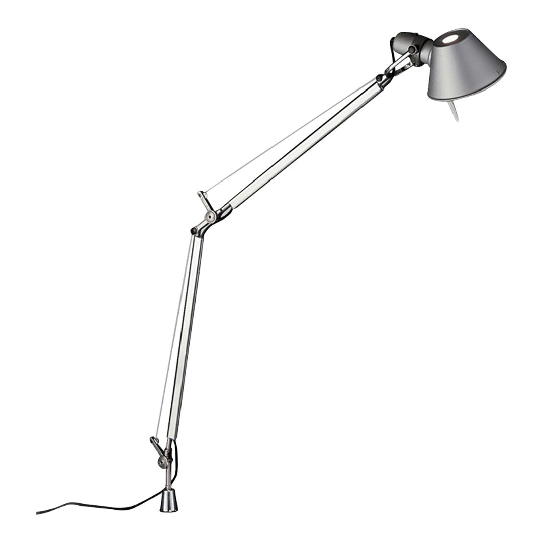 Silver adjustable desk lamp with a sleek metallic finish and minimalist design, featuring a gray shade.