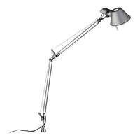 Silver adjustable desk lamp with a sleek metallic finish and minimalist design, featuring a gray shade.