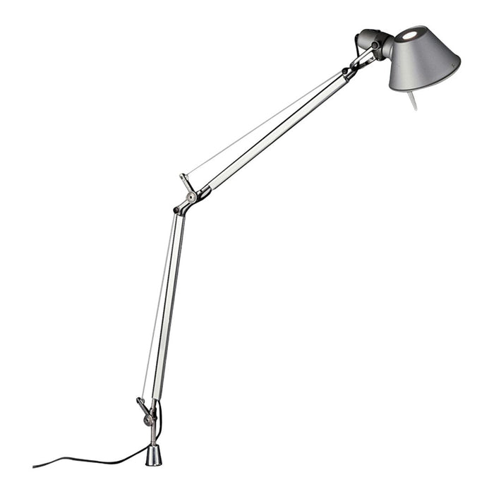 Silver adjustable desk lamp with a sleek metallic finish and minimalist design, featuring a gray shade.