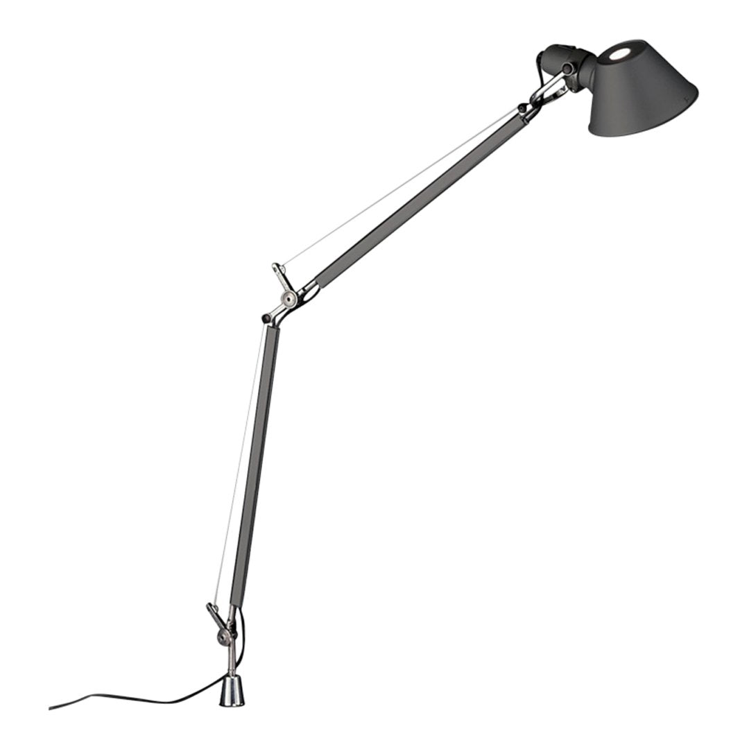 Adjustable lamp with a sleek chrome finish and matte black shade, featuring a modern minimalist design.