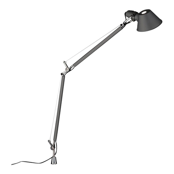 Adjustable lamp with a sleek chrome finish and matte black shade, featuring a modern minimalist design.
