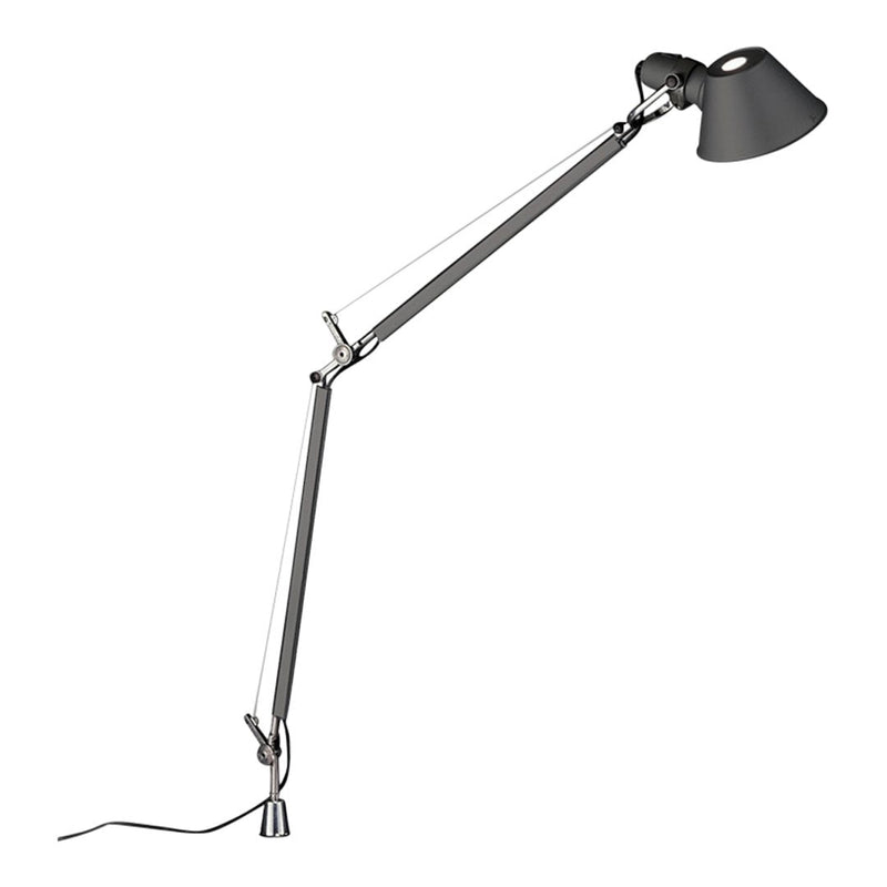 Adjustable lamp with a sleek chrome finish and matte black shade, featuring a modern minimalist design.