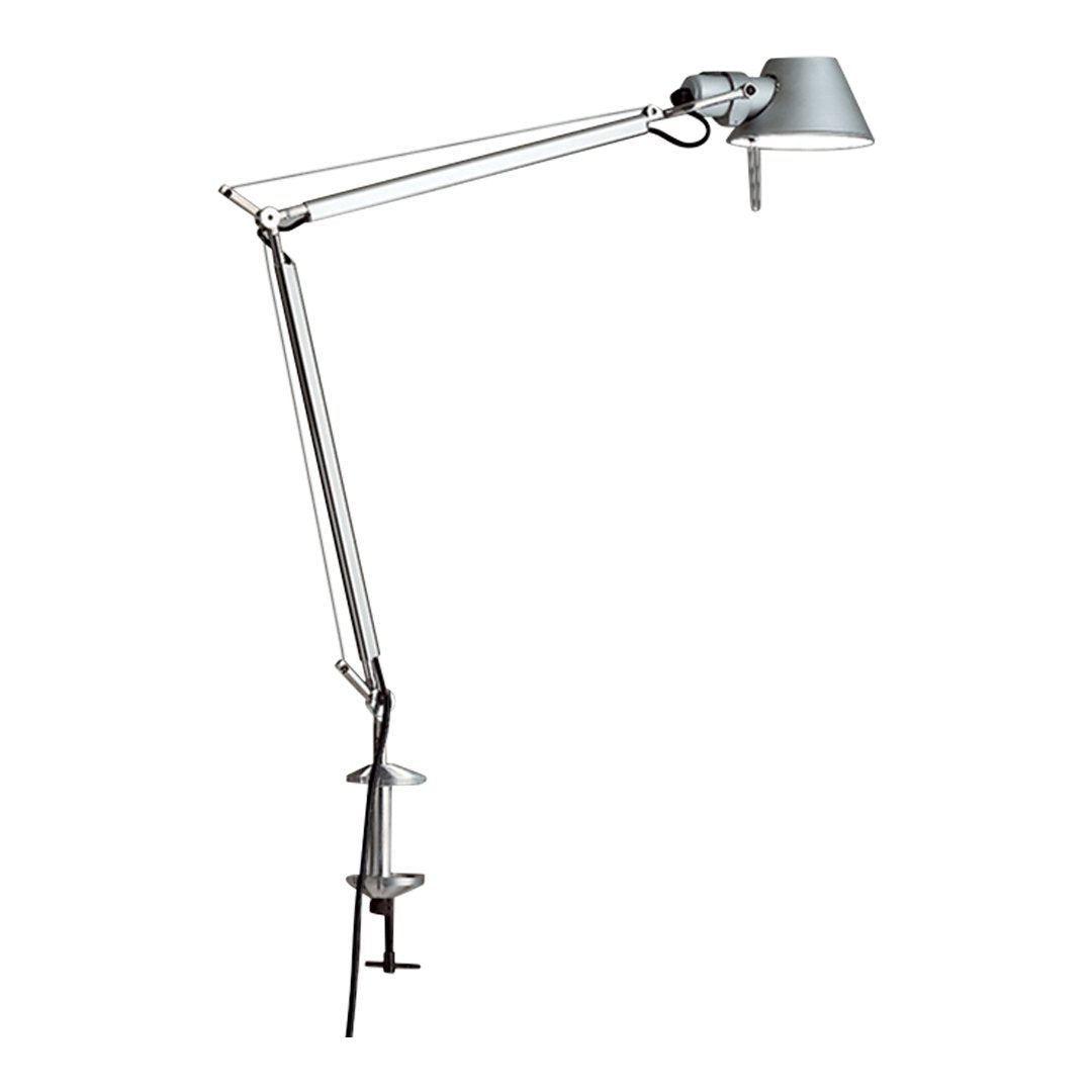 Sleek silver adjustable lamp with a modern design, featuring a minimalist metal finish and articulating arms.