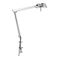 Sleek silver adjustable lamp with a modern design, featuring a minimalist metal finish and articulating arms.