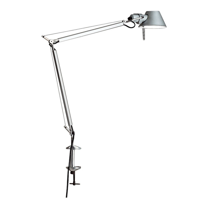 Sleek silver adjustable lamp with a modern design, featuring a minimalist metal finish and articulating arms.