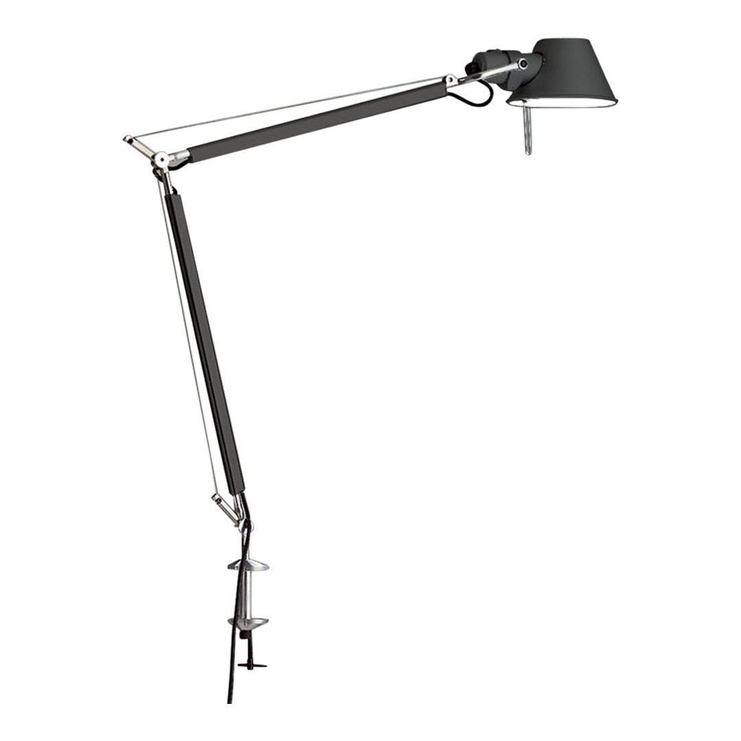 "Modern black desk lamp with sleek silver arm, perfect for minimalist decor."