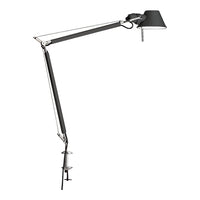 "Modern black desk lamp with sleek silver arm, perfect for minimalist decor."