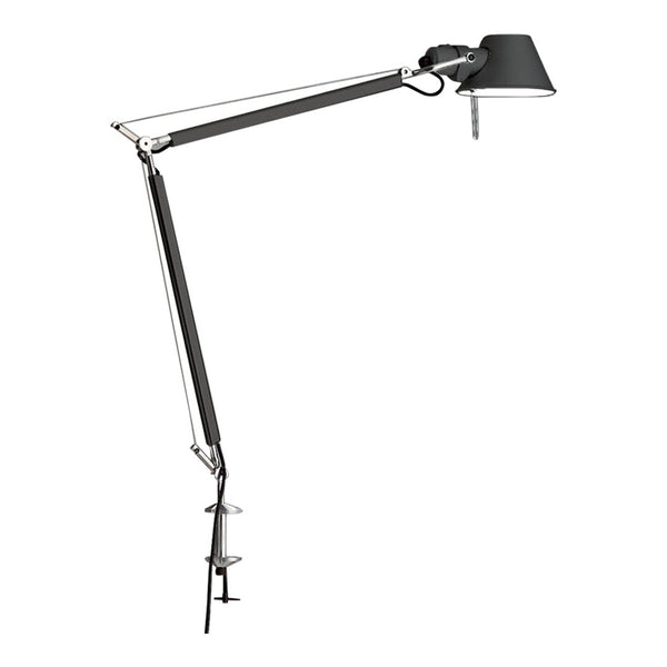 "Modern black desk lamp with sleek silver arm, perfect for minimalist decor."