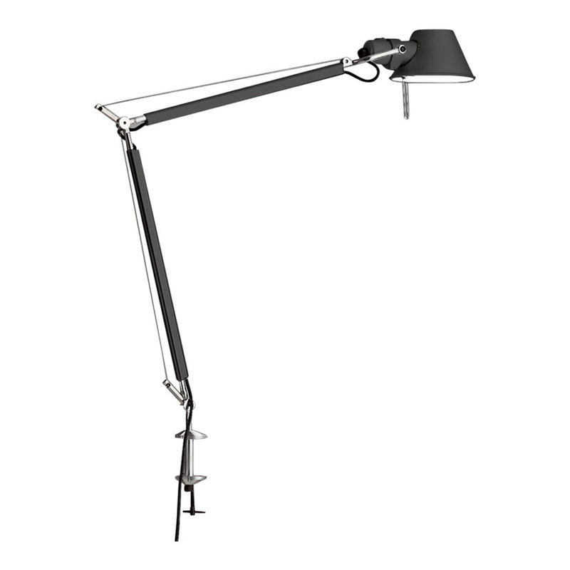 "Modern black desk lamp with sleek silver arm, perfect for minimalist decor."