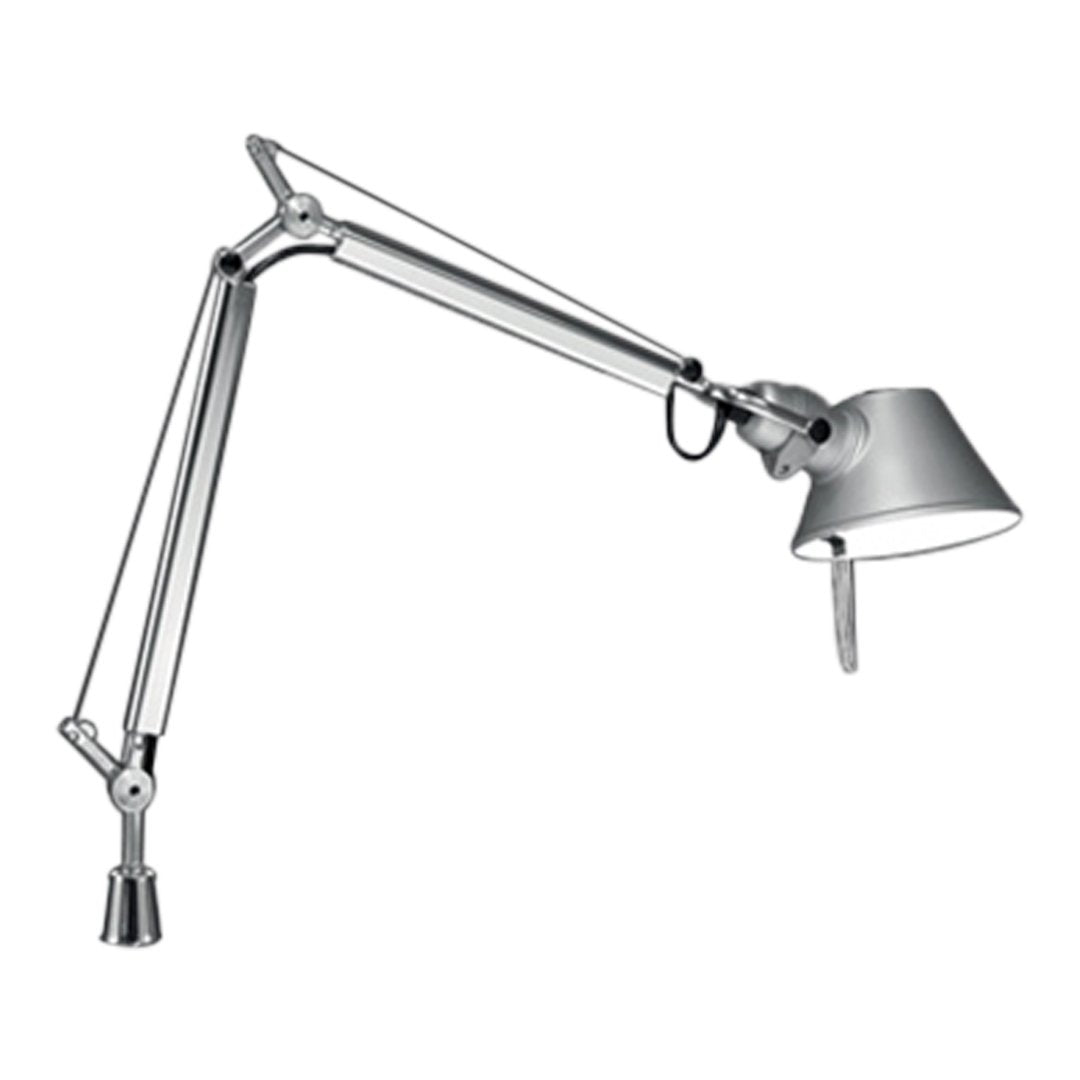 Sleek silver desk lamp with adjustable arms and a modern, minimalist design, perfect for stylish workspaces.