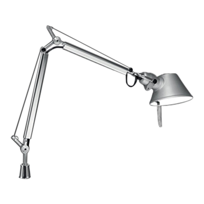 Sleek silver desk lamp with adjustable arms and a modern, minimalist design, perfect for stylish workspaces.