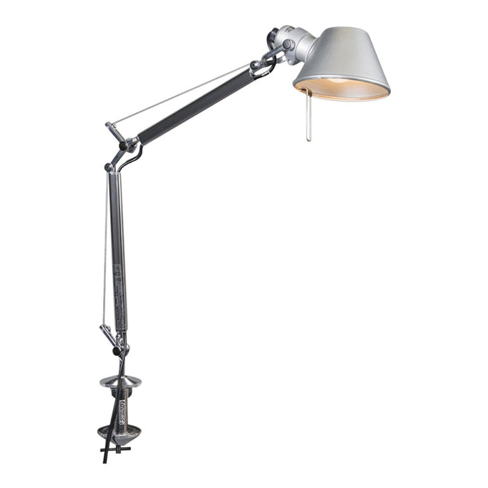 Adjustable industrial lamp with a silver metallic finish and a sleek white shade, featuring a modern, minimalist design.