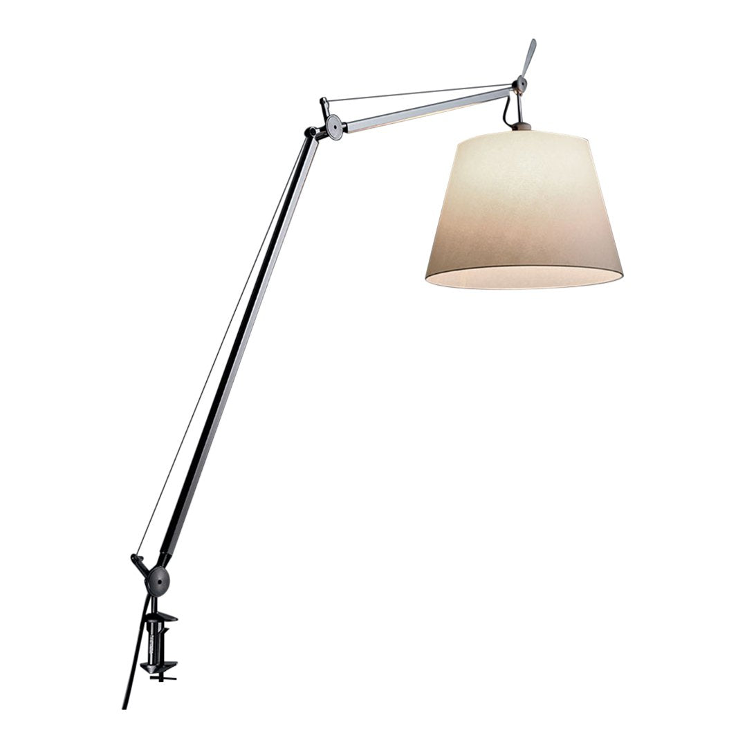 Adjustable chrome lamp with a cream-colored shade and sleek, modern design. Perfect for contemporary spaces.