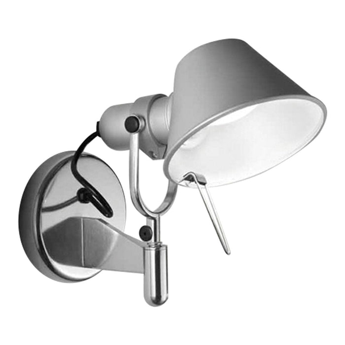Sleek silver wall lamp with a glossy finish and minimalist design. Perfect for modern decor.