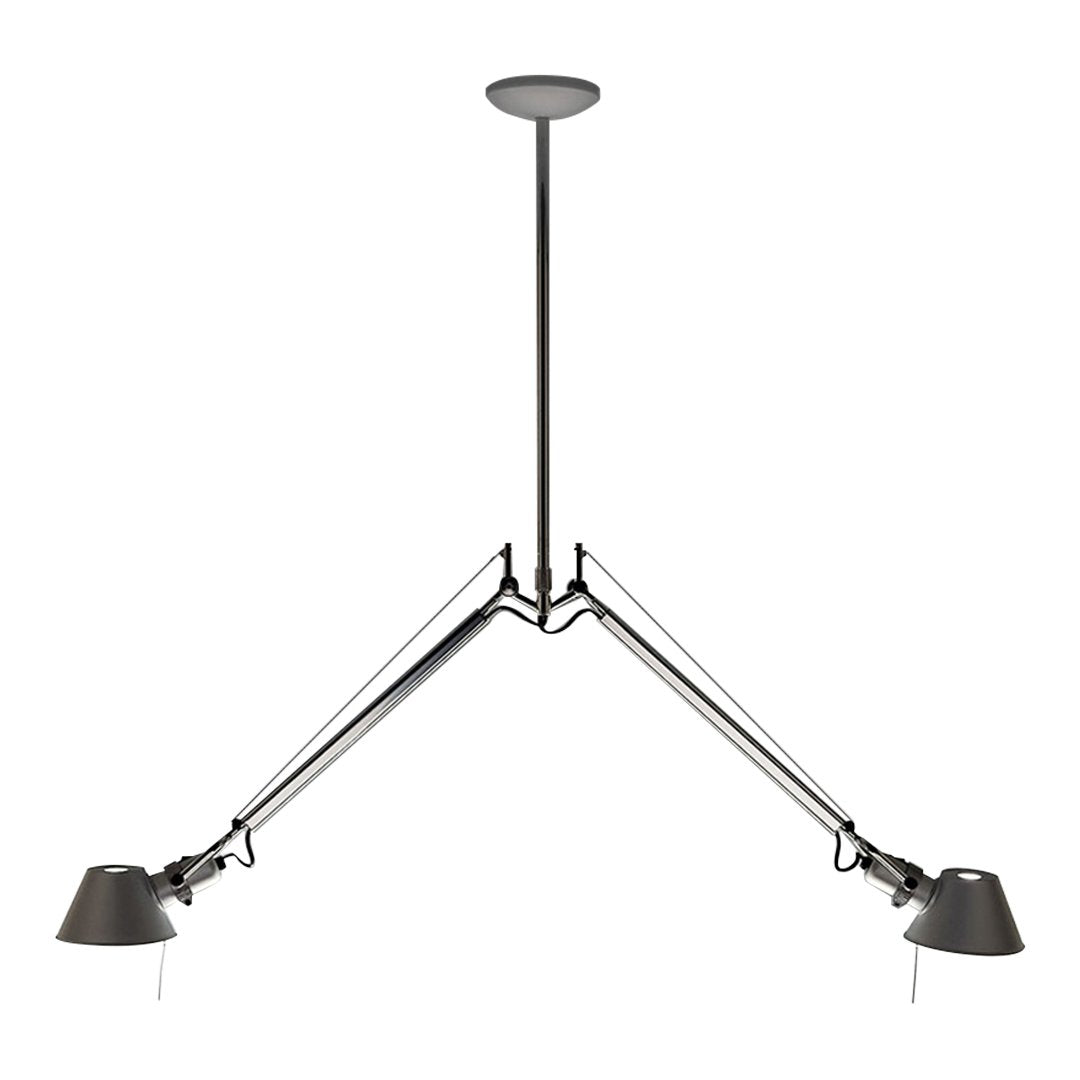 Modern black tripod ceiling lamp with sleek metal arms and matte gray shades, creating a minimalist aesthetic.
