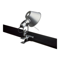 Silver spotlight with a sleek design, mounted on a black track for modern lighting solutions.