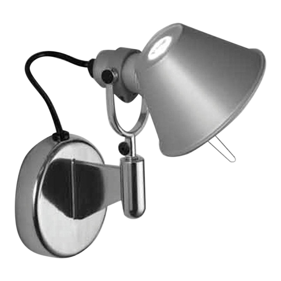 Sleek silver wall lamp with a modern design and chrome finish, featuring a simple, minimalist aesthetic.