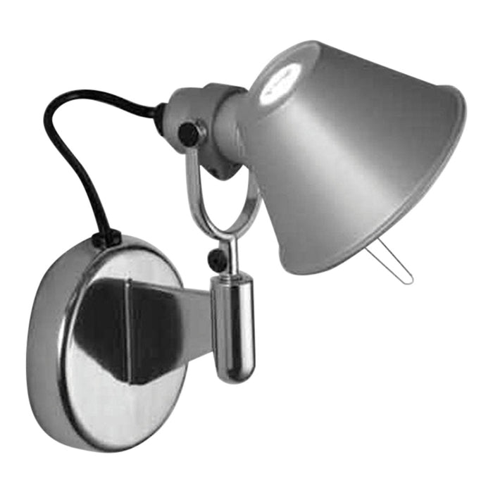 Sleek silver wall lamp with a modern design and chrome finish, featuring a simple, minimalist aesthetic.