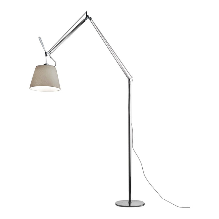 Stylish chrome floor lamp with a beige shade and sleek minimalist design. Perfect for modern decor.