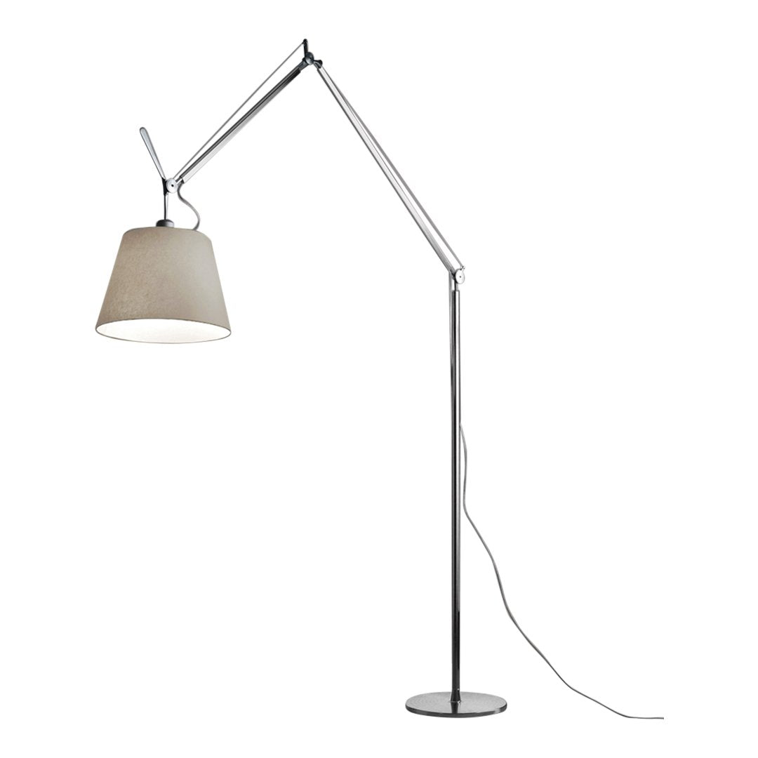 Silver adjustable floor lamp with a textured beige shade, featuring a sleek modern design. Perfect for contemporary decor.