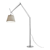 Silver adjustable floor lamp with a textured beige shade, featuring a sleek modern design. Perfect for contemporary decor.