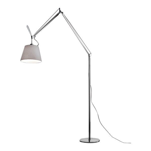Silver floor lamp with a gray fabric shade and sleek, modern design, featuring a minimalist adjustable arm.