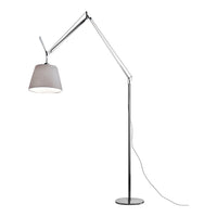 "Silver floor lamp with a sleek chrome finish and a minimalist gray shade."